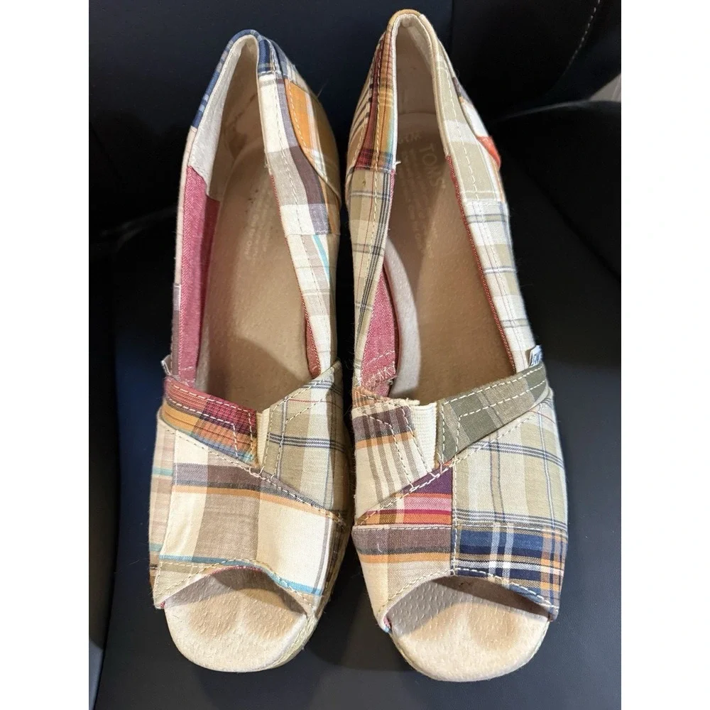 Toms Madras Plaid 10 Patchwork Espadrille Wedge Peep Toe Shoes boho